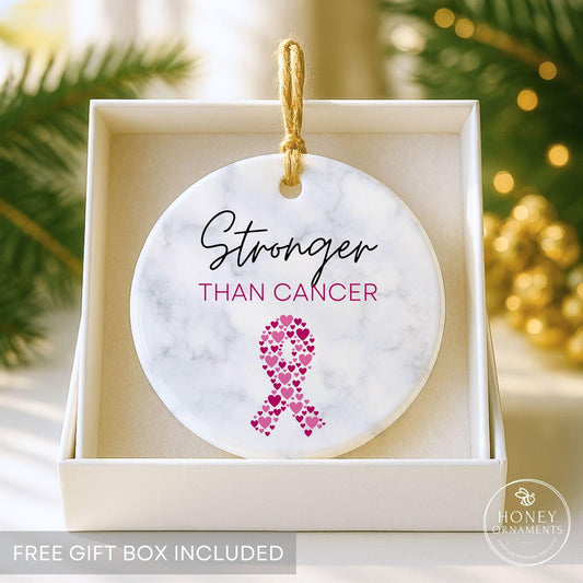 Stronger Than Cancer Ornament, Breast Cancer Survivor Gift, Pink Ribbon Cancer Fighter Gift, Encouragement Gift for Her, Survivor Keepsake