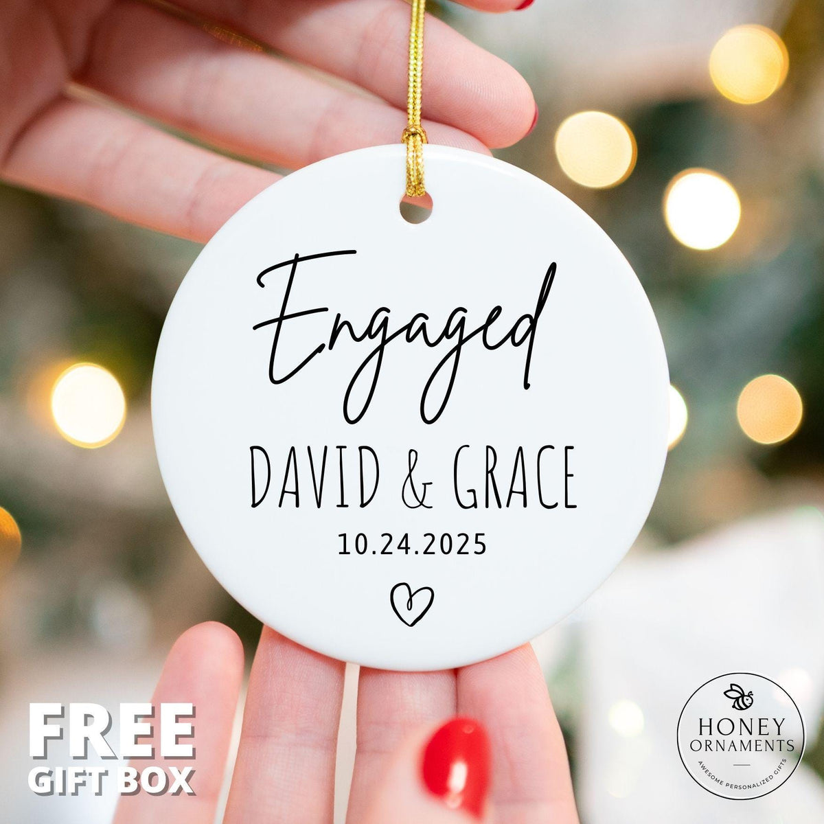 Personalized Ceramic Engagement Ornament, Custom Names & Date, Christmas Keepsake Gift (2026)