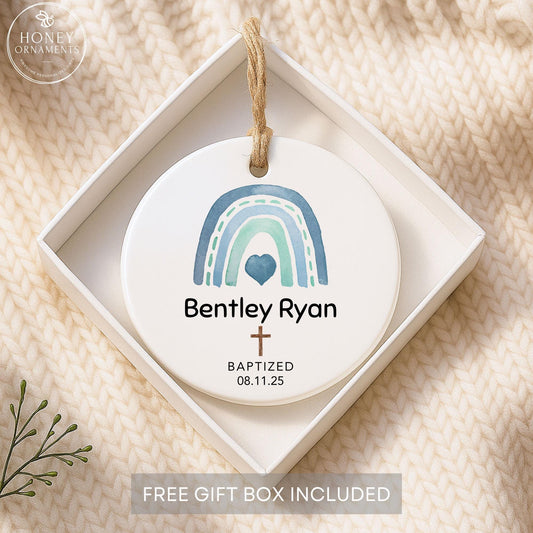 Personalized Baptism Ornament for Boy, Christening Gift from Godmother, Catholic Baby Baptism Keepsake, Custom Cross Ceramic Ornament