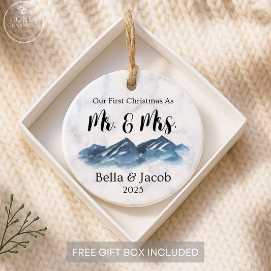 Personalized Mr & Mrs Ornament, Our First Christmas Married Ornament, Wedding Gift for Couple, Newlywed Keepsake, Engaged Christmas Ornament