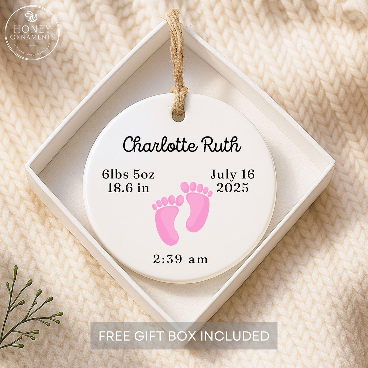 Personalized Baby Birth Stats Ornament, Custom Footprints Keepsake (Ceramic)