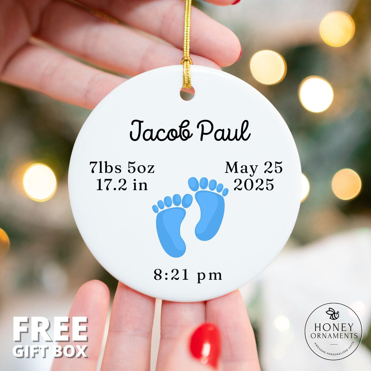 Personalized Baby Birth Stats Ornament, Custom Footprints Keepsake (Ceramic)