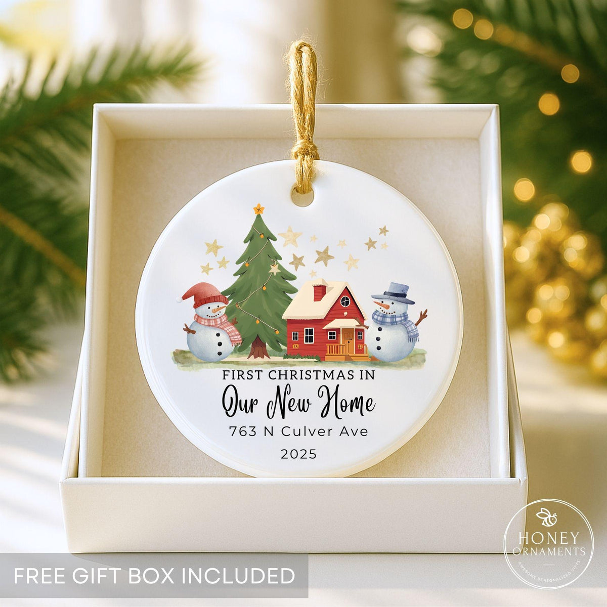 Personalized New Home Christmas Ornament 2026: House, Tree, Snowmen Keepsake (Ceramic)