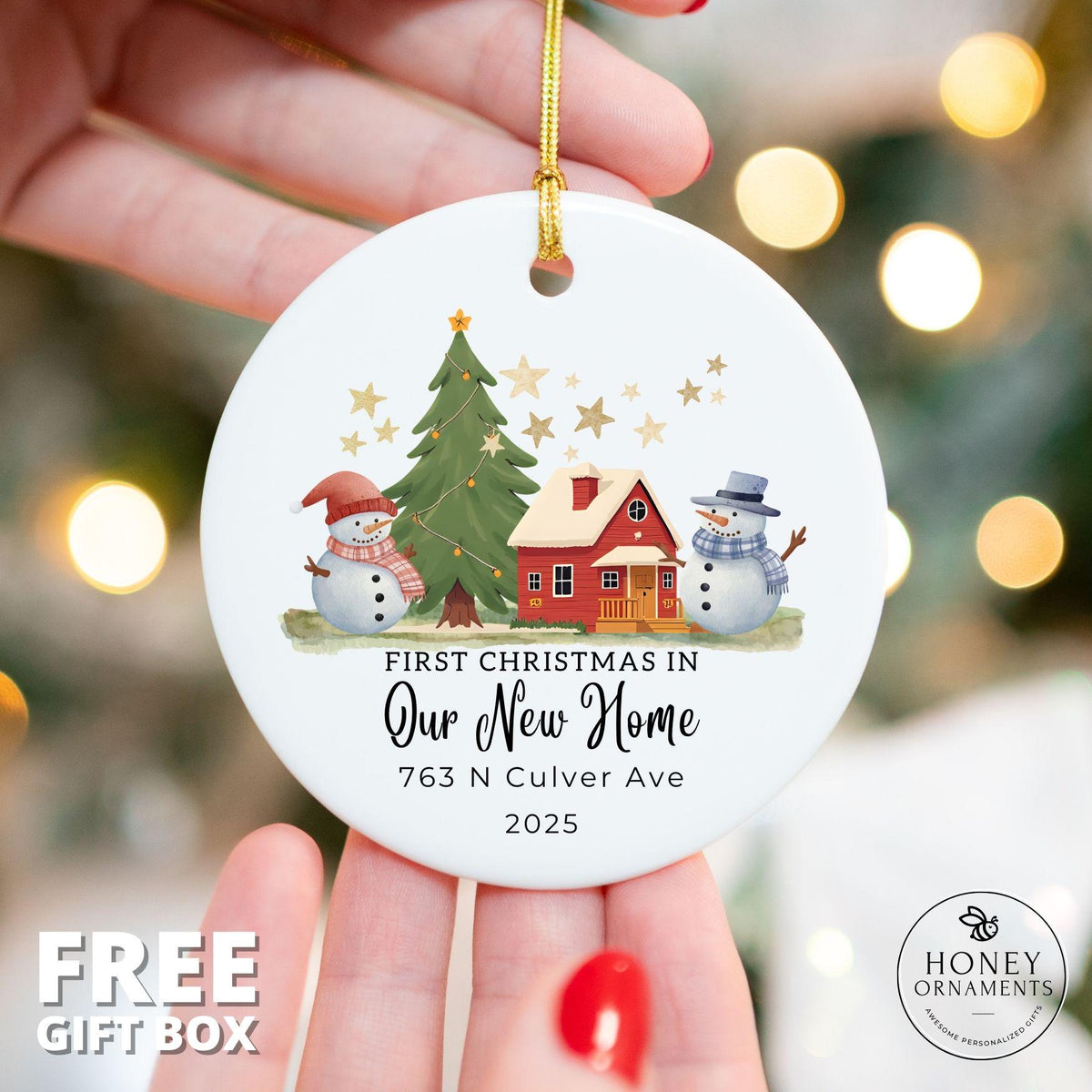 Personalized New Home Christmas Ornament 2026: House, Tree, Snowmen Keepsake (Ceramic)