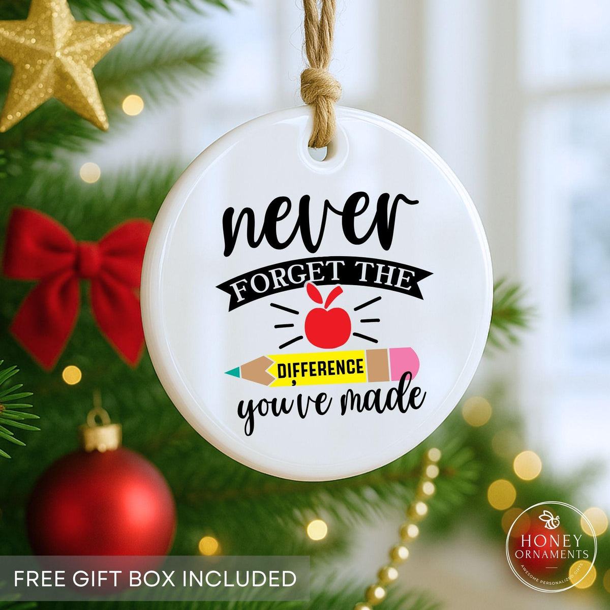 Teacher Appreciation Ornament, Apple Pencil Design, Gift Box Included