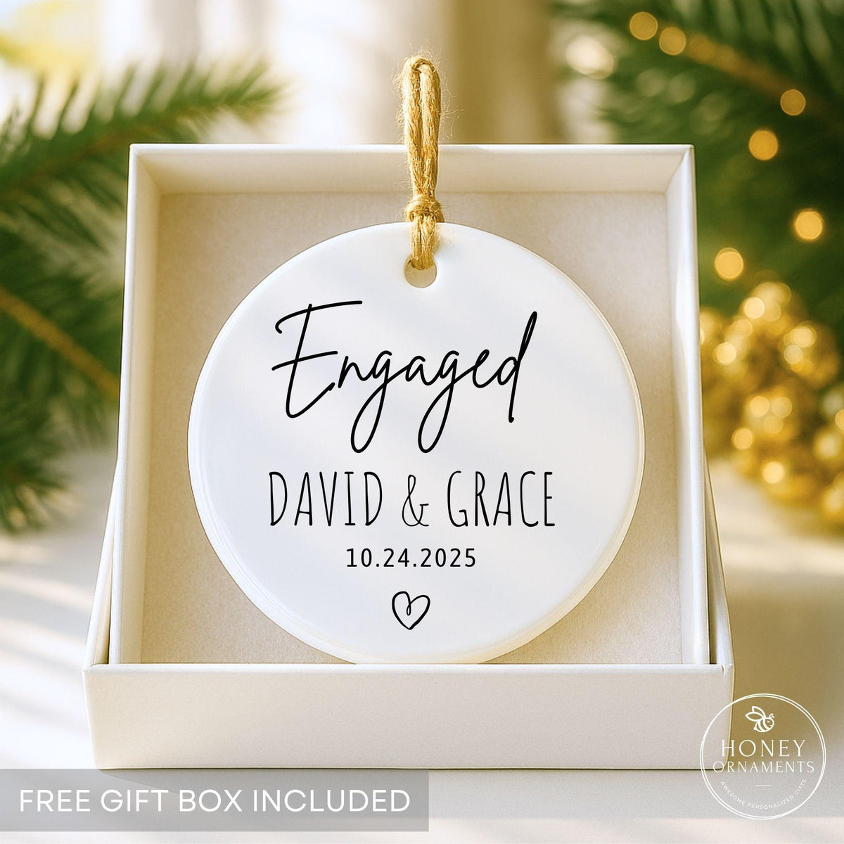 Personalized Ceramic Engagement Ornament, Custom Names & Date, Christmas Keepsake Gift (2026)
