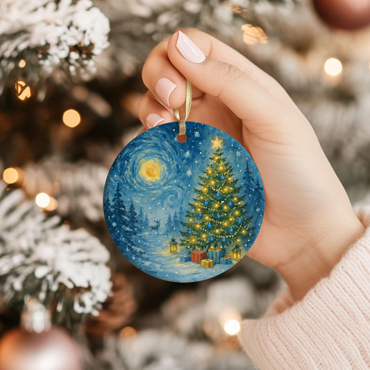 Starry Night Christmas Ornament with Holiday Tree Design, Festive Keepsake Decoration, Unique Xmas Gift Exchange or Winter Gift Idea