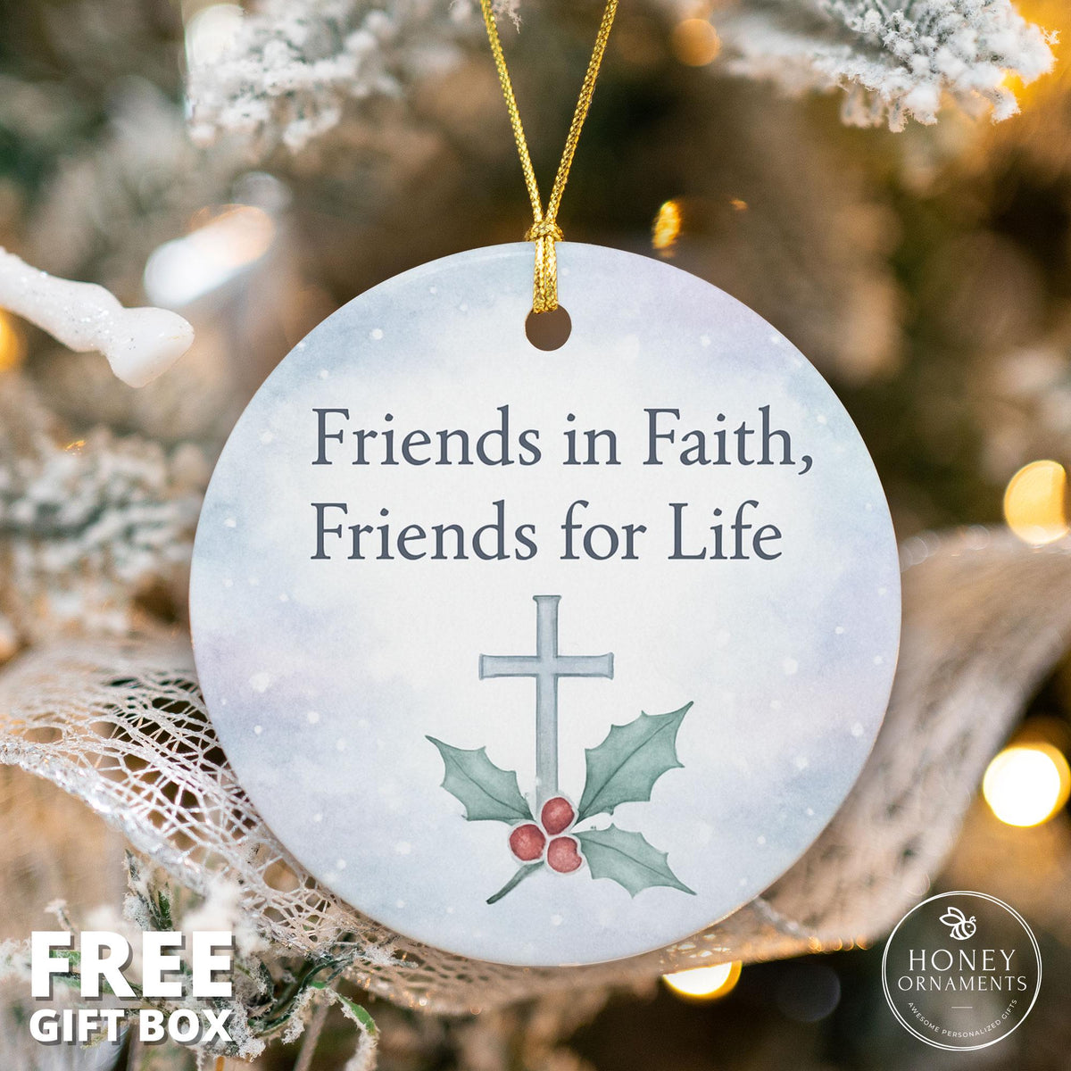 Christian Friend Christmas Ornament – Faith Ornament with Cross and Holly – Religious Holiday Keepsake Gift for Christian Friend Gift