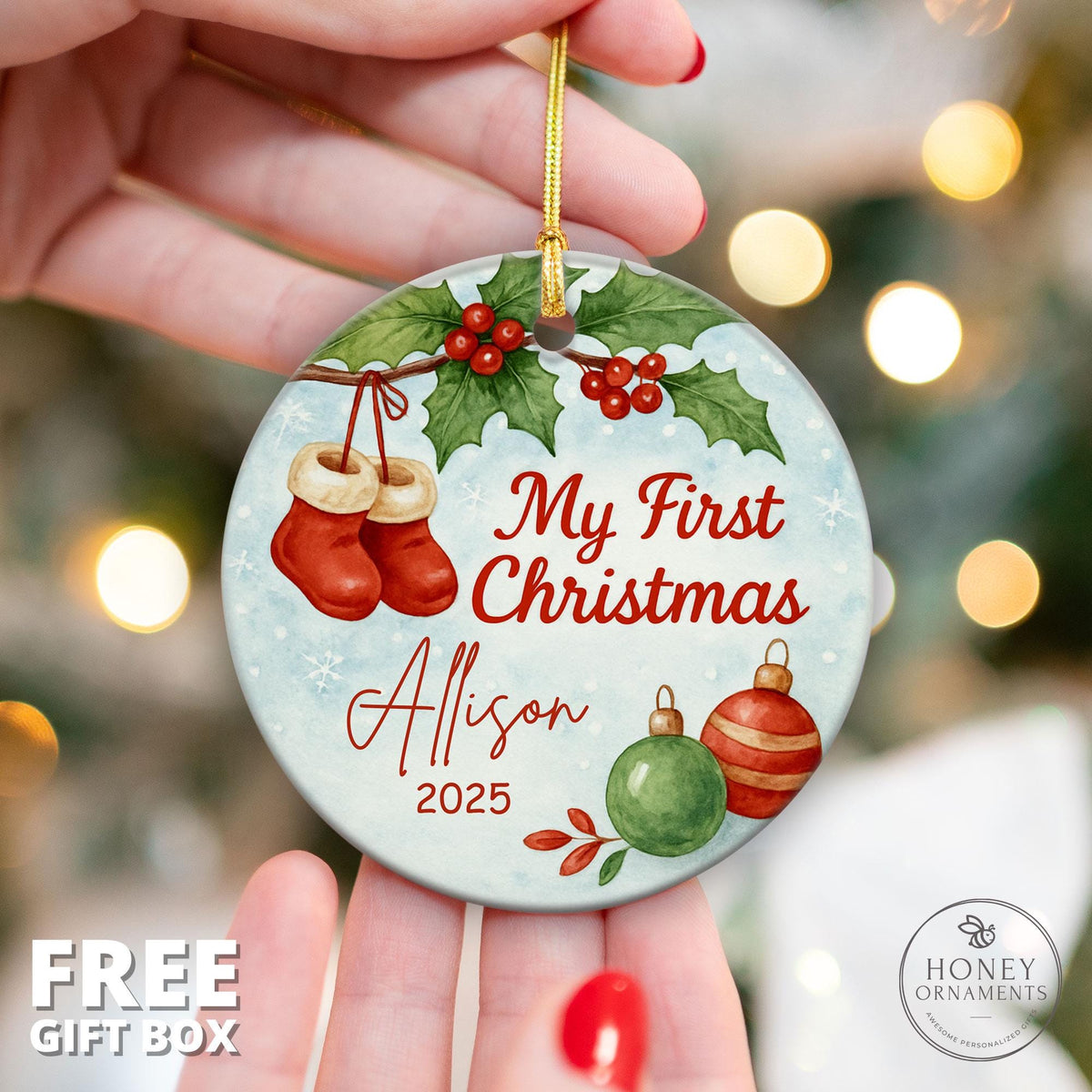 Personalized Baby’s First Christmas Ornament 2026 – Custom Name Holiday Keepsake with Red Boots Holly and Baubles – Newborn Xmas Gift