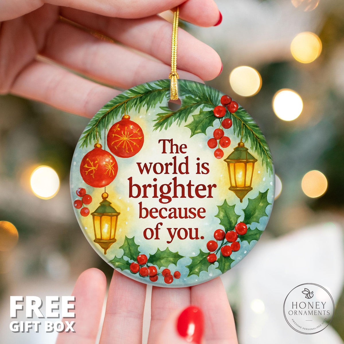 Christmas Ornament Thank You Gift – Holiday Appreciation Keepsake with Inspirational Quote Lanterns and Holly for Teachers Friends Coworkers
