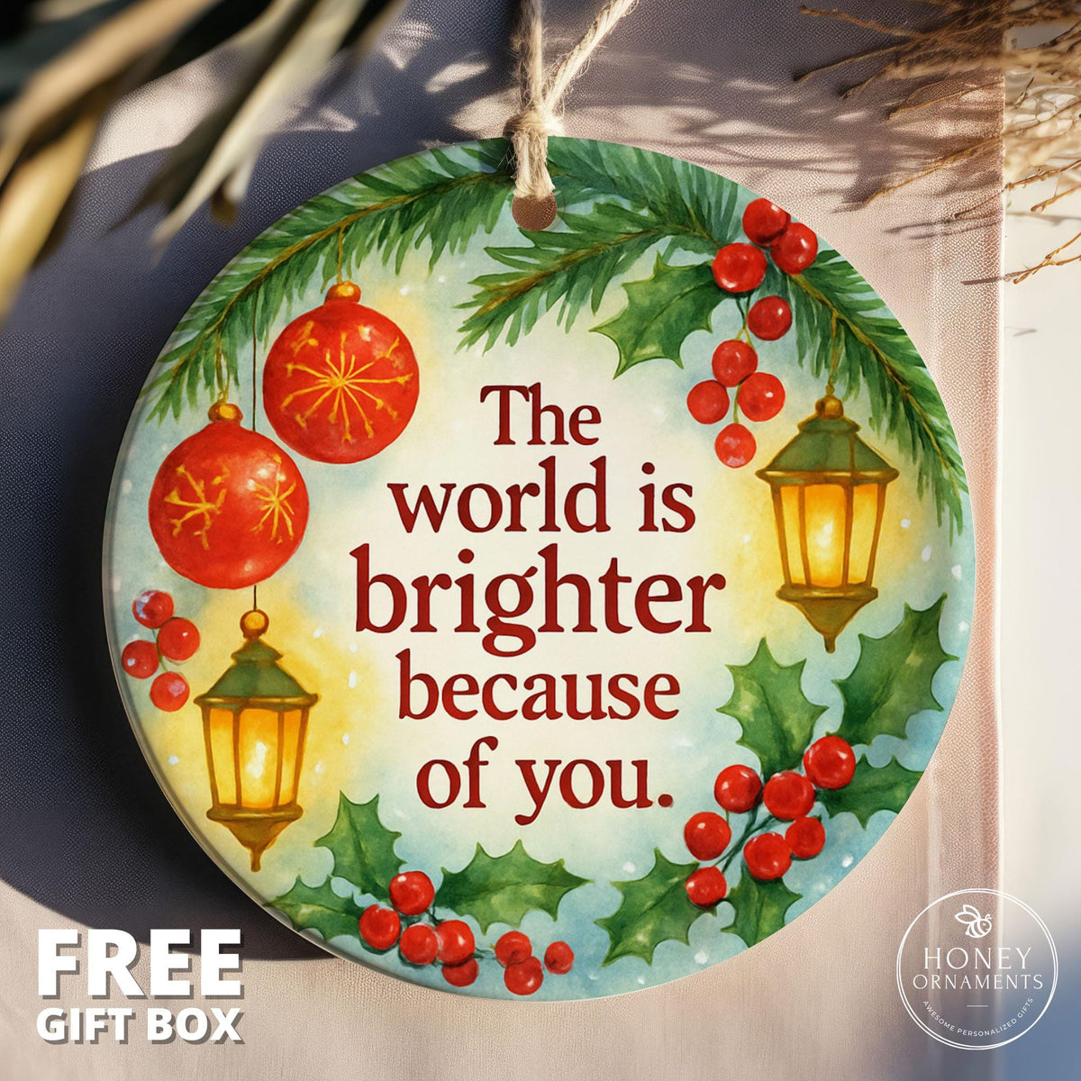 Christmas Ornament Thank You Gift – Holiday Appreciation Keepsake with Inspirational Quote Lanterns and Holly for Teachers Friends Coworkers