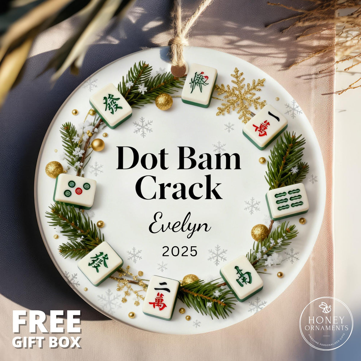 Personalized Mahjong Ornament - Dot Bam Crack Ornament Christmas Mahjong Lover Gift Mahj Chinoiserie Holiday Decor Ceramic Keepsake