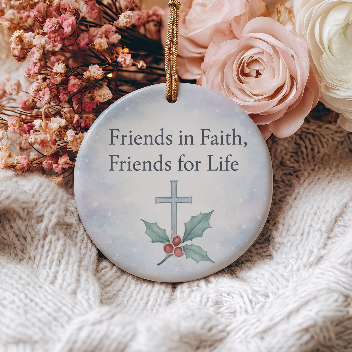 Christian Friend Christmas Ornament – Faith Ornament with Cross and Holly – Religious Holiday Keepsake Gift for Christian Friend Gift