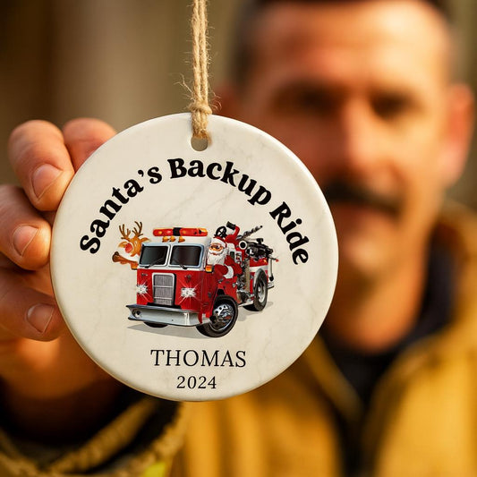 Firefighter Ornament, Firetruck Ornament, Fireman Ornament, Fire Truck Ornament, Fire Fighter Gift, Firefighter Gifts, Santa's Backup Ride