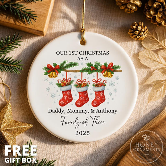 Family of Three Christmas Ornament with Custom Names, Personalized New Family Ornament, Baby’s First Christmas Holiday Keepsake Gift 2026