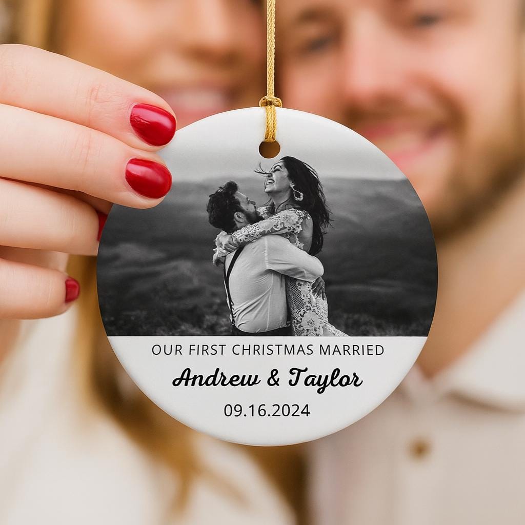 First Christmas Married Ornament - Personalized Wedding Photo Ornament - Married Couple Gift - Custom First Christmas Ornament for Newlyweds