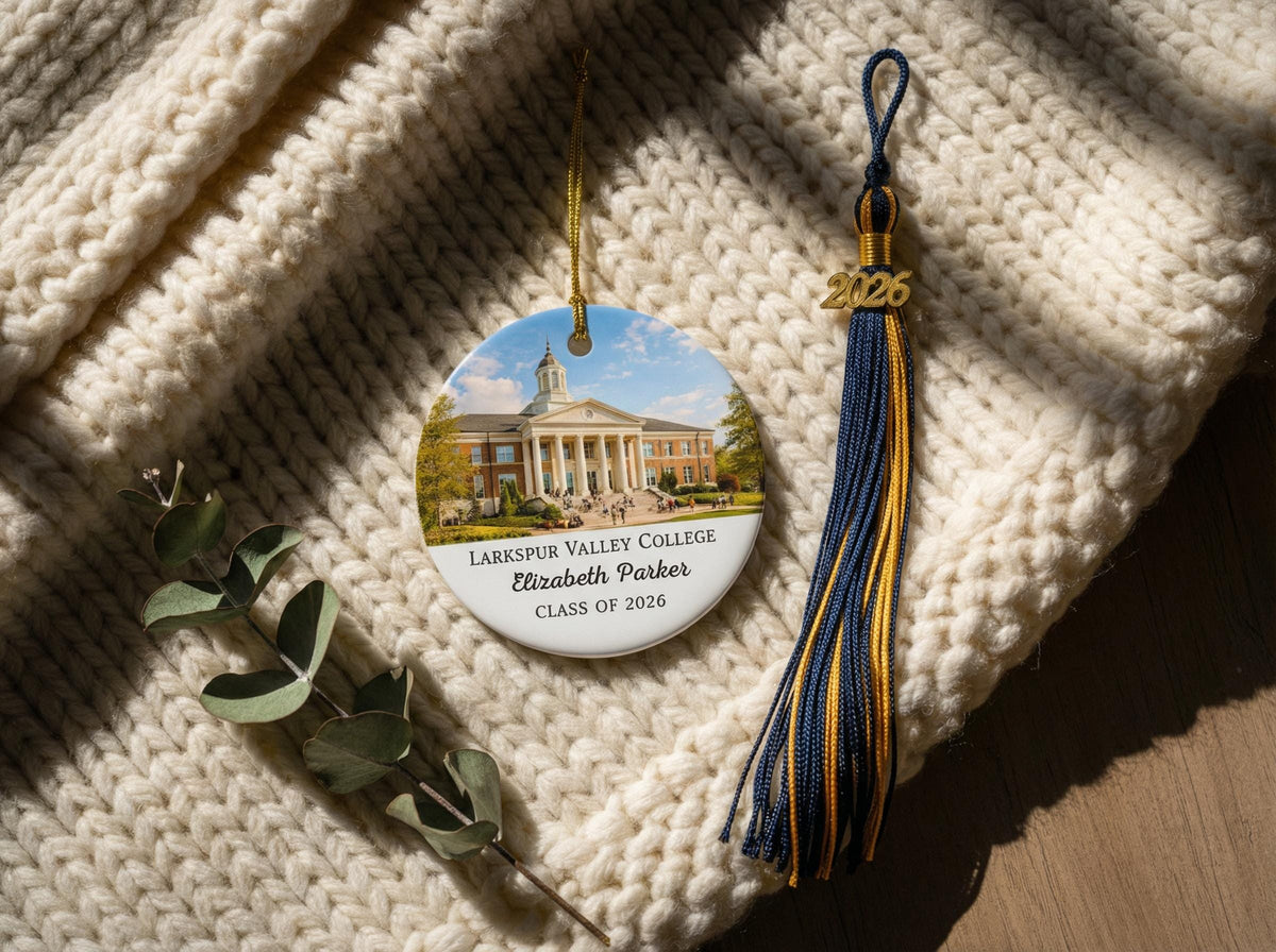 Custom University Graduation Ornament with School Photo, Class of 2026 Gift, Personalized College Grad Keepsake for Him or Her Ceramic