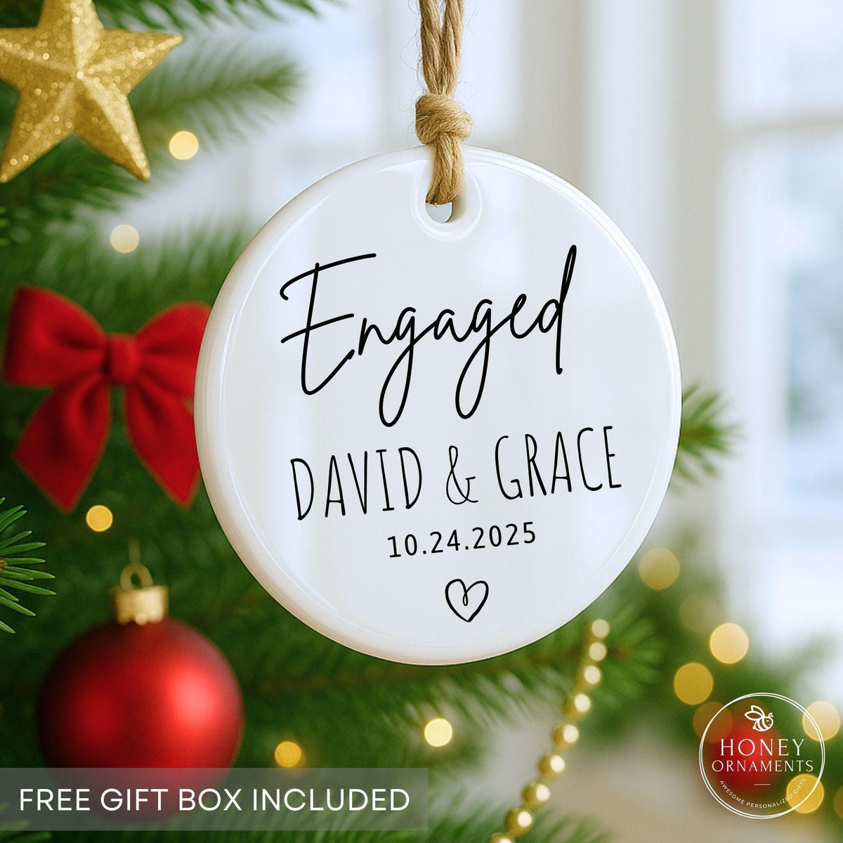 Personalized Ceramic Engagement Ornament, Custom Names & Date, Christmas Keepsake Gift (2026)