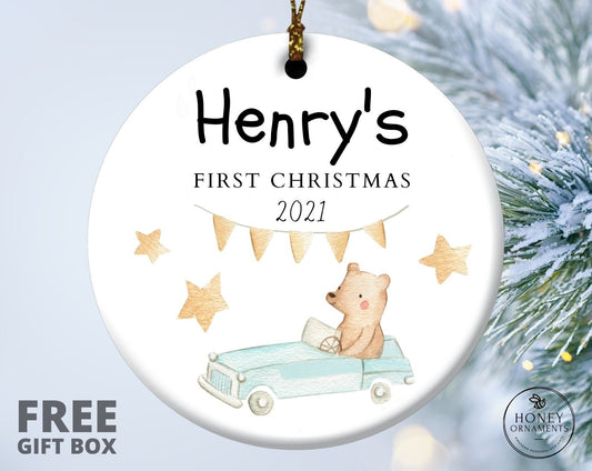 Baby's First Christmas Ornament,  Personalized First Christmas Bear Ornament, Custom Baby Boy Name, Christmas Ornament Gifts, Cute Animal