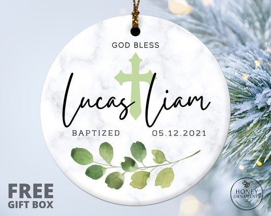 Personalized Baptism Ornament, Baptism Gift from Godmother, God Bless Christening Ornament, Custom Green Baptized Ceramic Keepsake