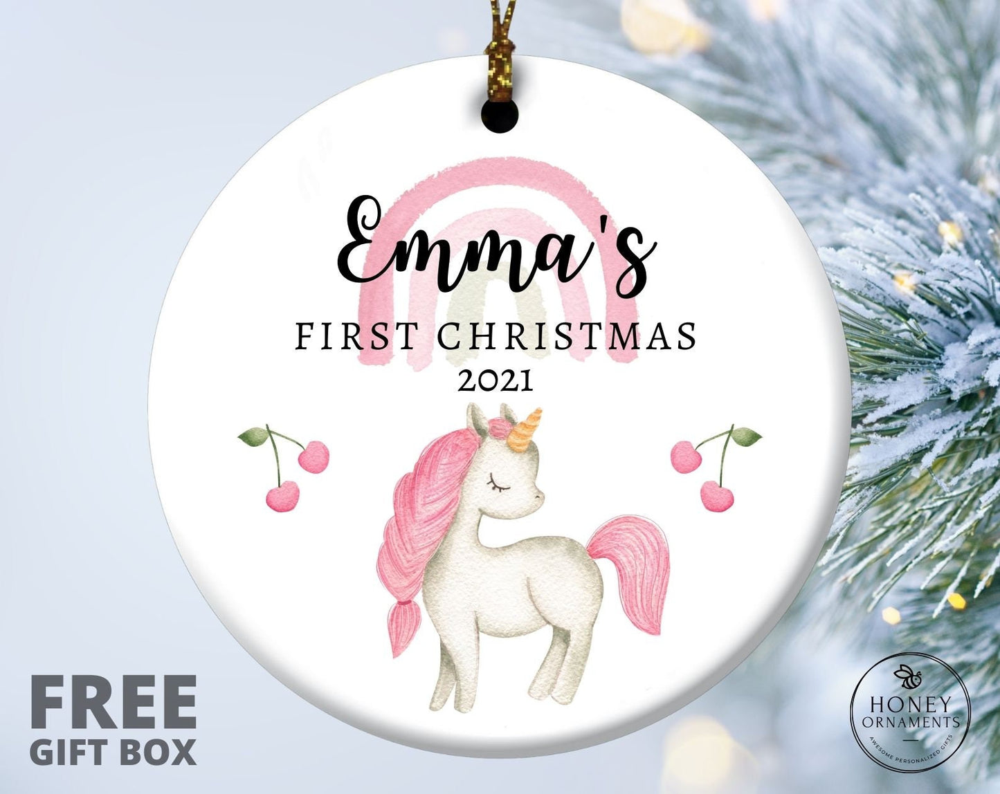 Baby's First Christmas Ornament, Personalized First Christmas Unicorns Ornament, Custom Baby Girl Name Ornament, Newborn Keepsake Gift