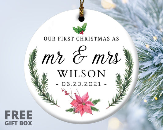 First Christmas Married Ornament, Newly Married Gift, Personalized Christmas Ornament, Our First Christmas Married as Mr and Mrs Ornament
