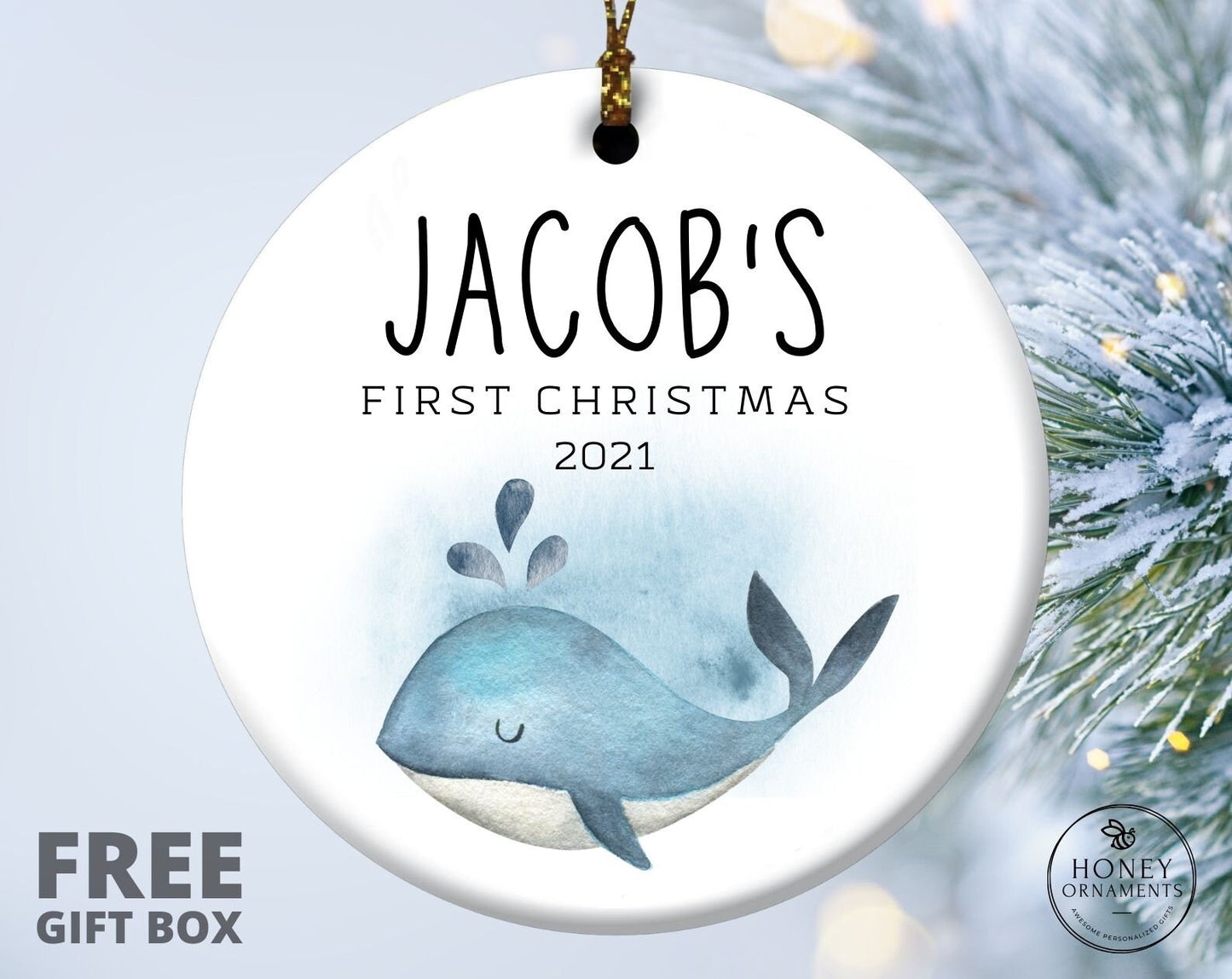 Personalized Baby's First Christmas Ornament,  First Christmas Whale Ornament, Custom Baby Boy Name Christmas Ornament Gifts