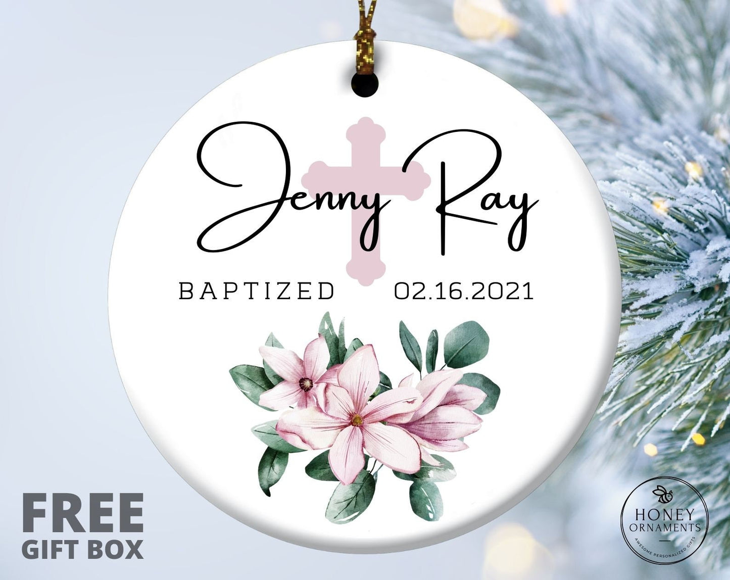 Baptized Ornament, Personalized Baptism Ornament, Custom Name / Date Christened Keepsake, Flower Ceramic Ornament, God Bless Christening