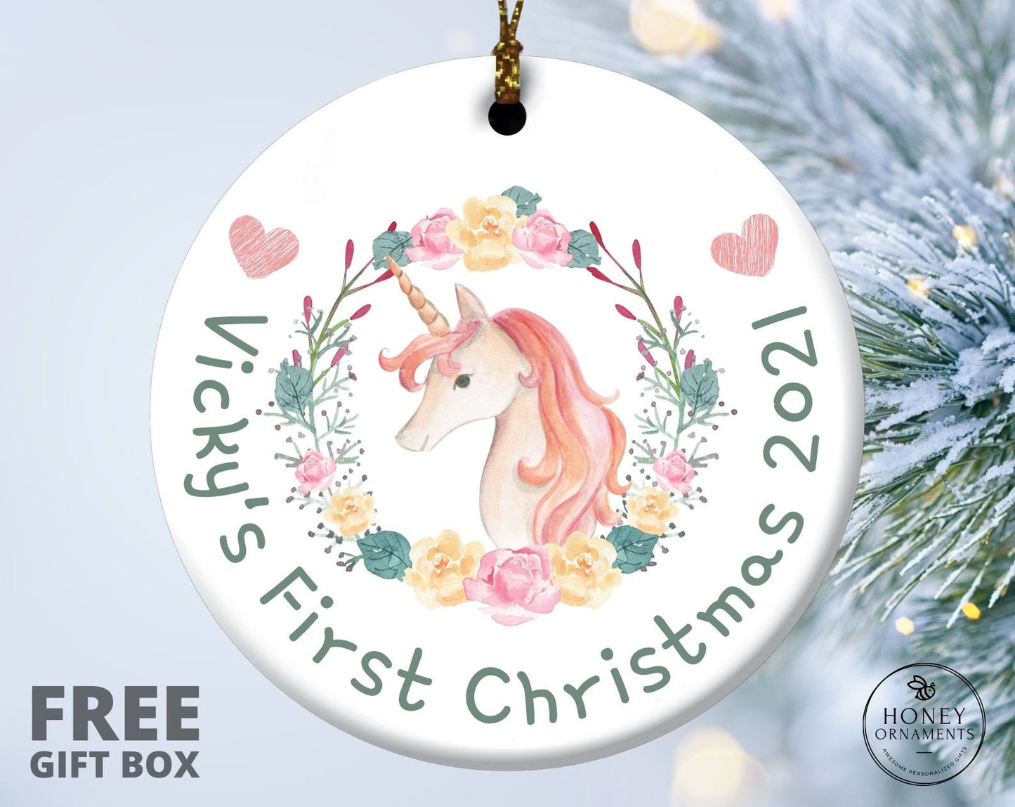 Baby's First Christmas Ornament, Custom New Baby Girl Name Ornament, Personalized First Christmas Unicorn Ornament, Newborn Keepsake Gift