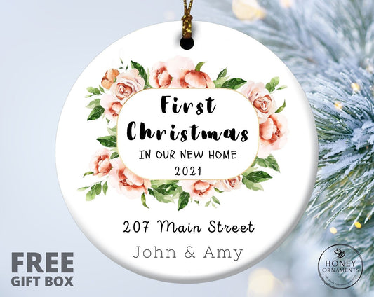 New Home Ornament - Personalized First Home Christmas Ornament - Custom Our First Home Ornament - New Home Botanical Framed Ceramic keepsake