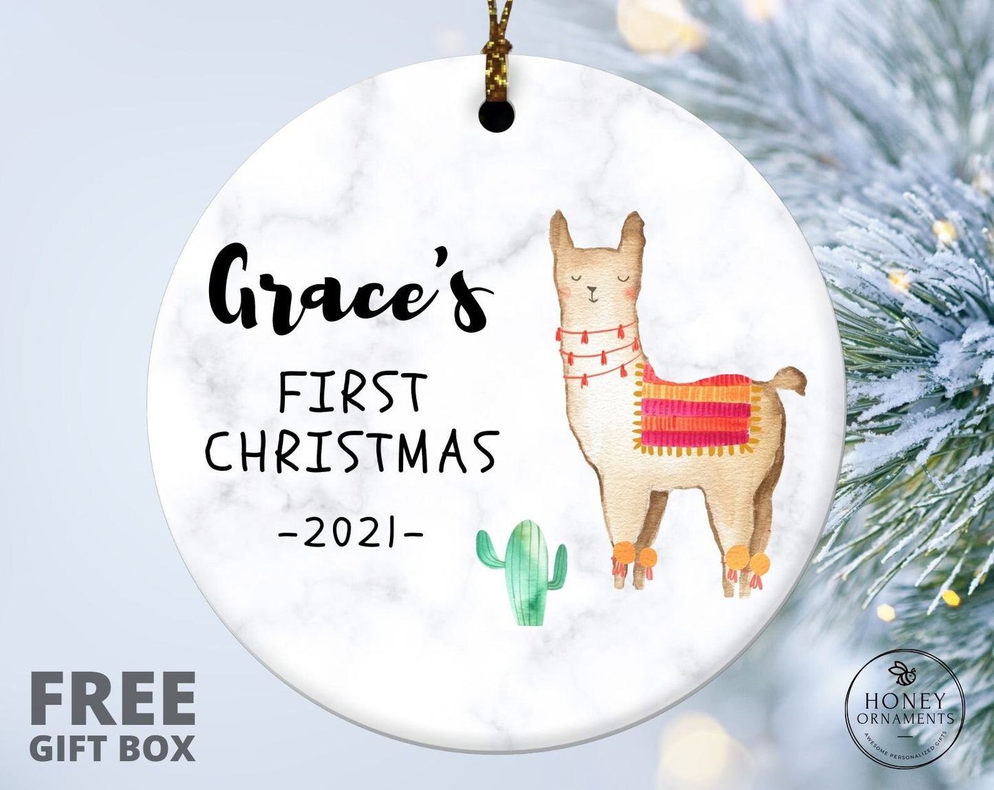 Personalized Baby's First Christmas Ornament,  First Christmas Alpaca Llamas Ornament, Custom Baby Name Christmas Ceramic Ornament Gifts