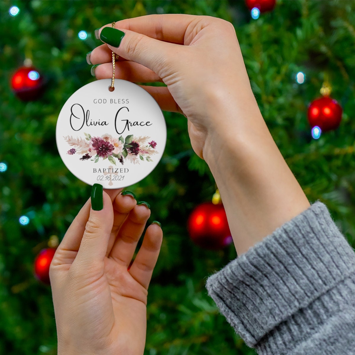 God Bless Baptized Ornament, Personalized Baptism Ornament, Custom Name / Date Christened Keepsake, Flower Christening Ceramic Ornament