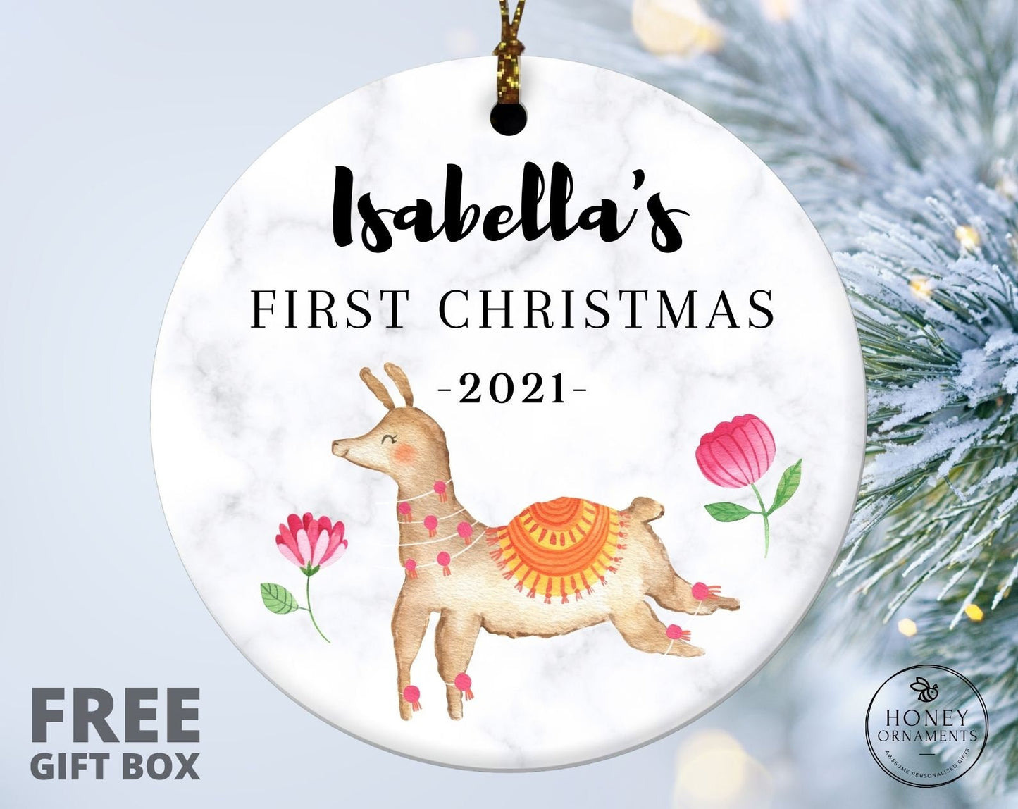 Baby's First Christmas Ornament, Personalized First Christmas Alpaca Llamas Ornament, Custom Name Christmas Ornament, Baby Girl Gift