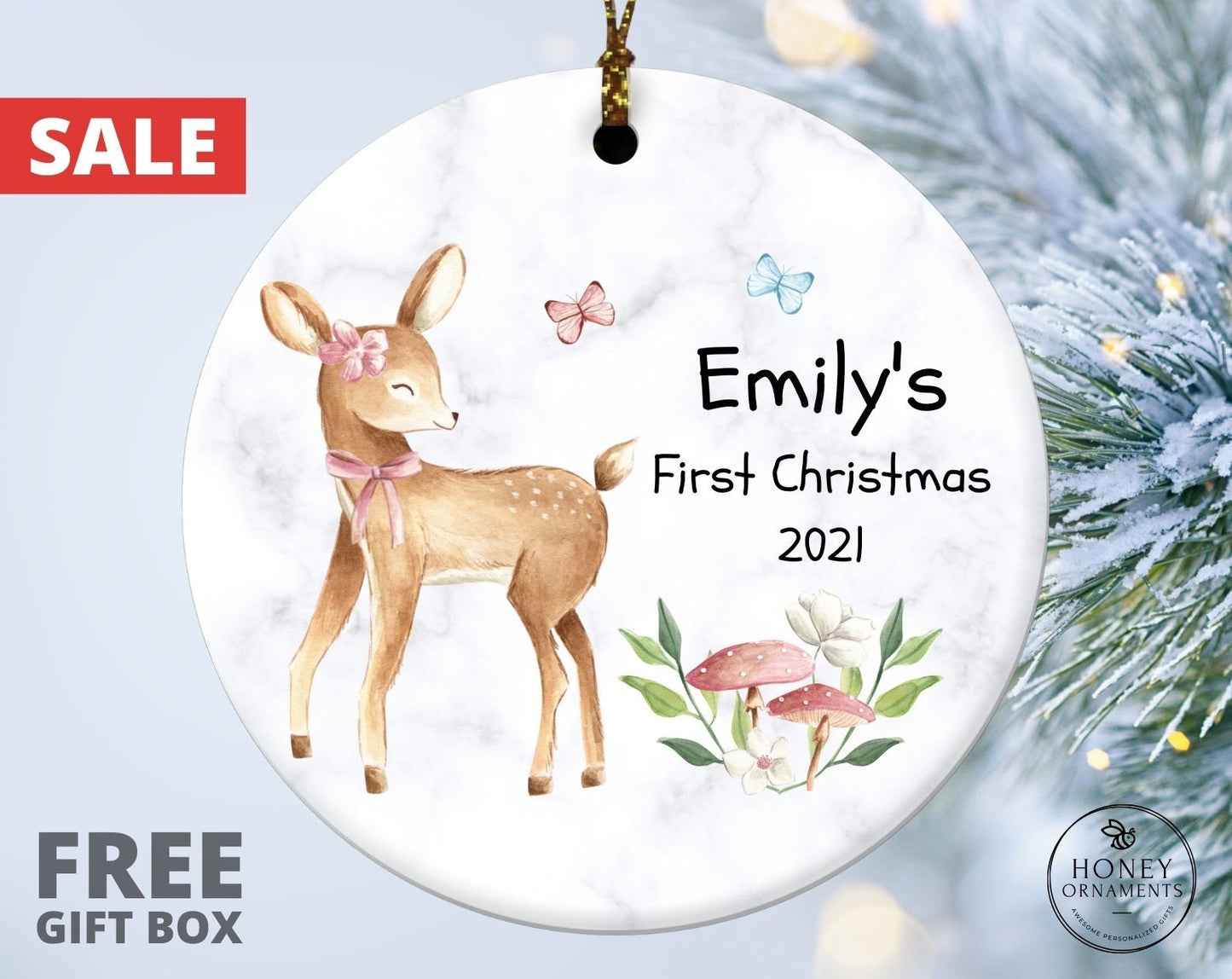 Baby's First Christmas Ornament, Personalized First Christmas Deer Ornament, Custom Baby Girl Name Christmas Ornament, Christmas Gifts