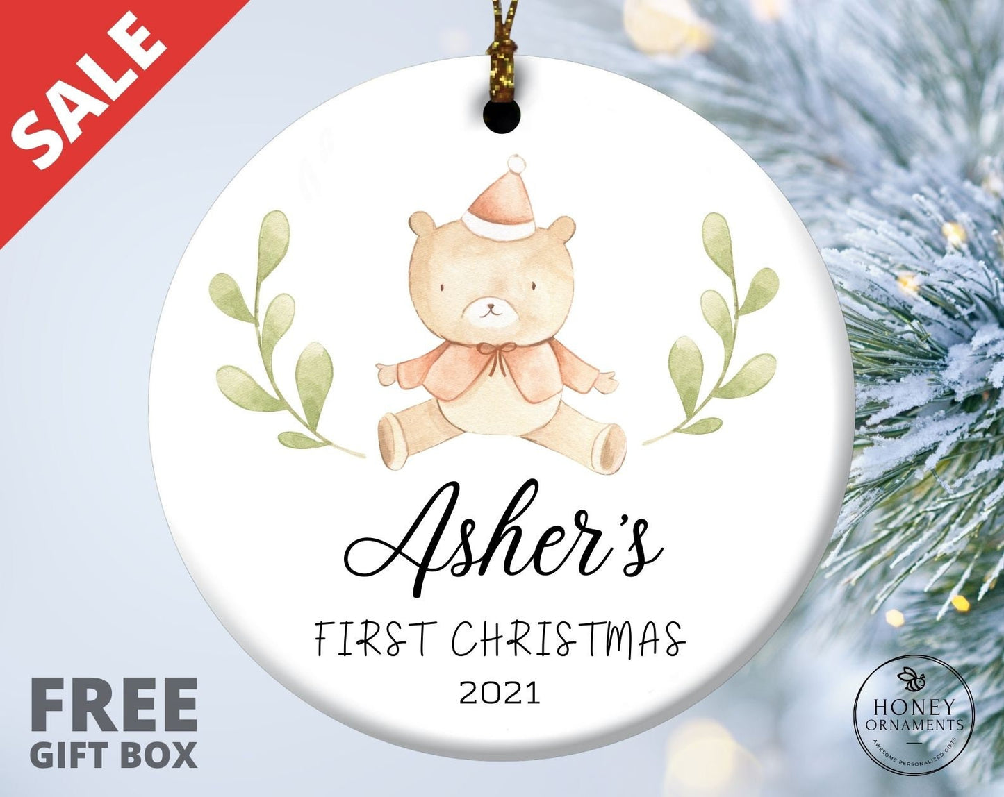 Baby's First Christmas Ornament, Custom New Baby Name Gift, Personalized My First Christmas Bear Ornament, Newborn Keepsake Gift